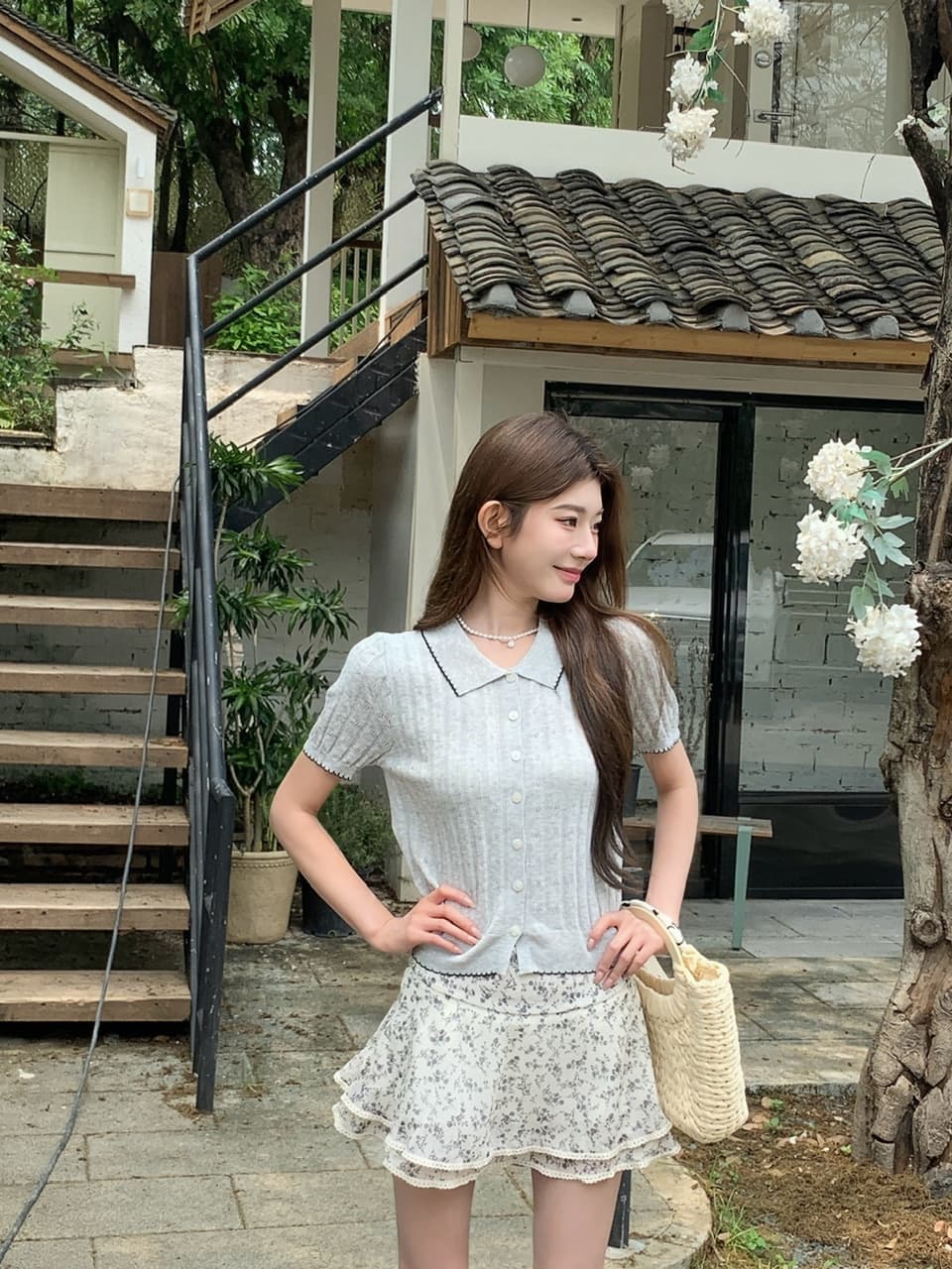 정가 실사 한 부서 부드러운 바람 베이비 칼라 니트 반팔 작은 키 꽃무늬 케이크 드레스 투피스 세트 상세 이미지 5