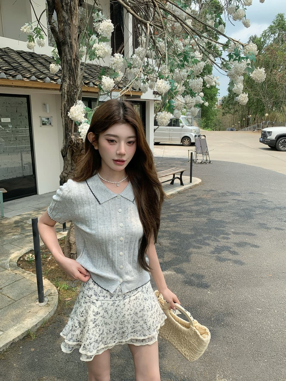 정가 실사 한 부서 부드러운 바람 베이비 칼라 니트 반팔 작은 키 꽃무늬 케이크 드레스 투피스 세트 상세 이미지 6