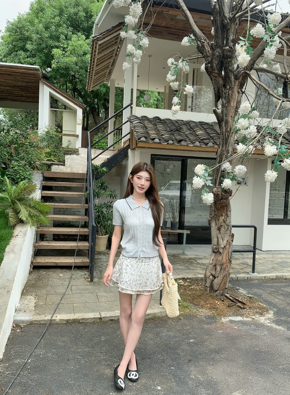 정가 실사 한 부서 부드러운 바람 베이비 칼라 니트 반팔 작은 키 꽃무늬 케이크 드레스 투피스 세트 상세 이미지 9