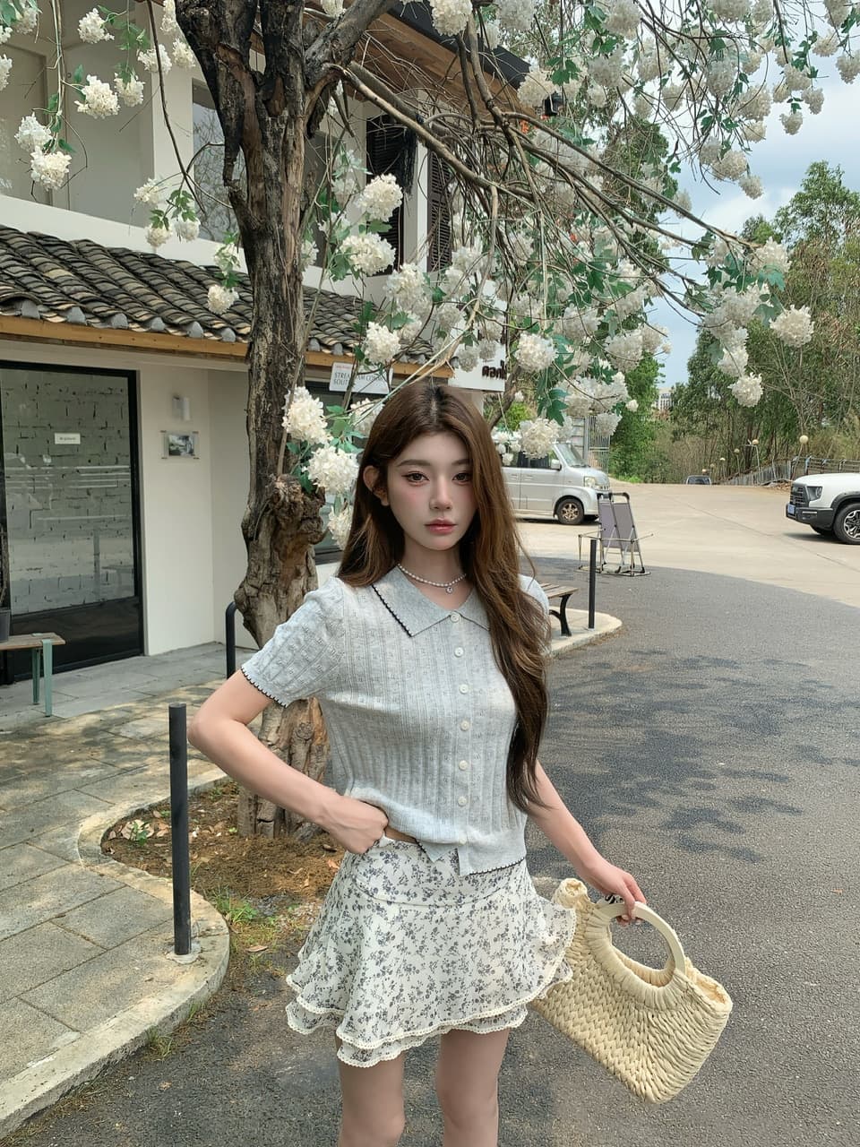 정가 실사 한 부서 부드러운 바람 베이비 칼라 니트 반팔 작은 키 꽃무늬 케이크 드레스 투피스 세트 상세 이미지 11