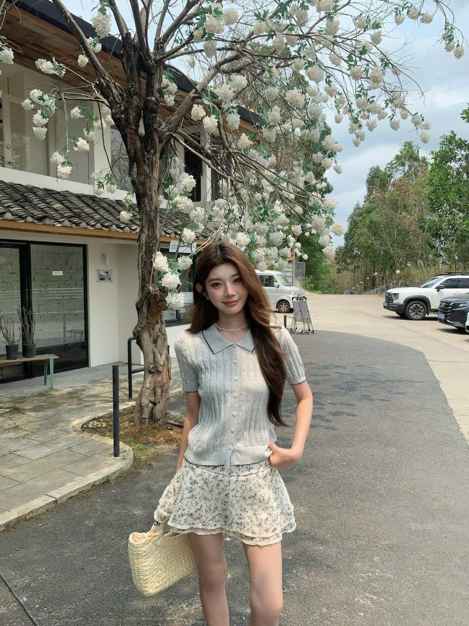 정가 실사 한 부서 부드러운 바람 베이비 칼라 니트 반팔 작은 키 꽃무늬 케이크 드레스 투피스 세트 상세 이미지 13