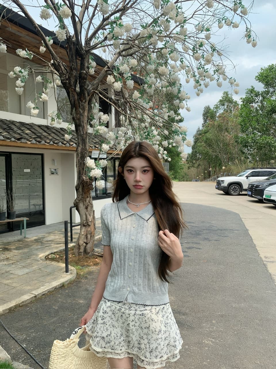 정가 실사 한 부서 부드러운 바람 베이비 칼라 니트 반팔 작은 키 꽃무늬 케이크 드레스 투피스 세트 상세 이미지 15