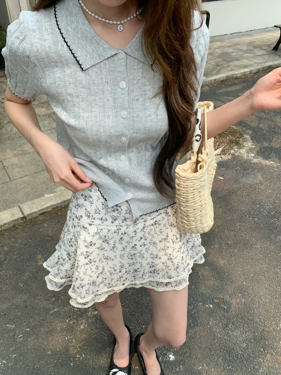 정가 실사 한 부서 부드러운 바람 베이비 칼라 니트 반팔 작은 키 꽃무늬 케이크 드레스 투피스 세트 상세 이미지 16