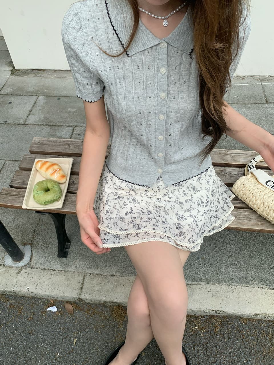 정가 실사 한 부서 부드러운 바람 베이비 칼라 니트 반팔 작은 키 꽃무늬 케이크 드레스 투피스 세트 상세 이미지 19