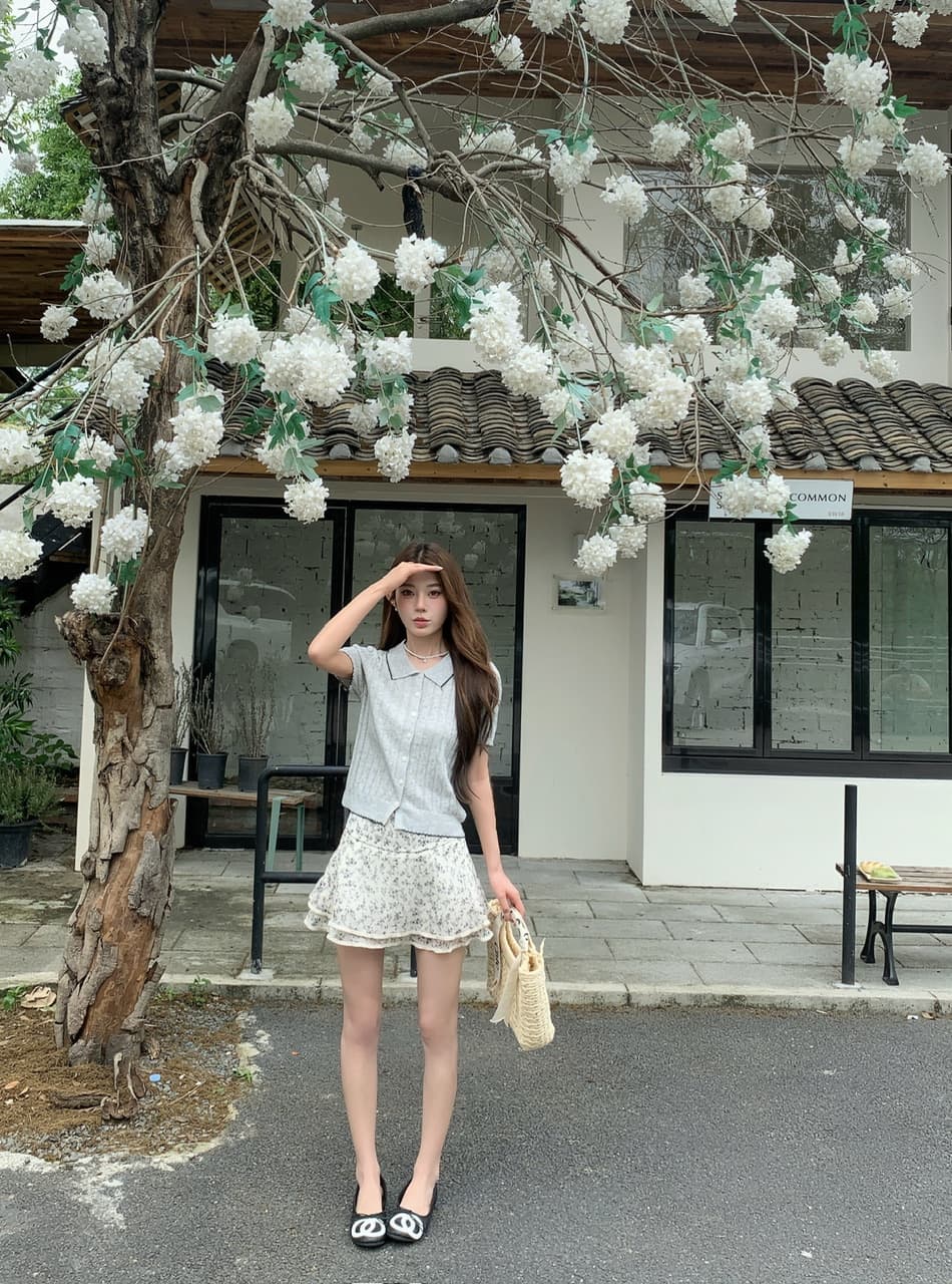 정가 실사 한 부서 부드러운 바람 베이비 칼라 니트 반팔 작은 키 꽃무늬 케이크 드레스 투피스 세트 상세 이미지 21