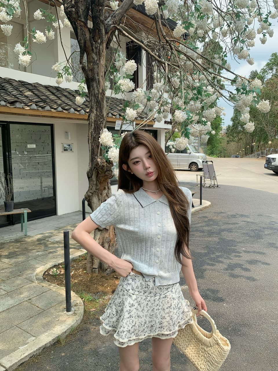 정가 실사 한 부서 부드러운 바람 베이비 칼라 니트 반팔 작은 키 꽃무늬 케이크 드레스 투피스 세트 상세 이미지 22