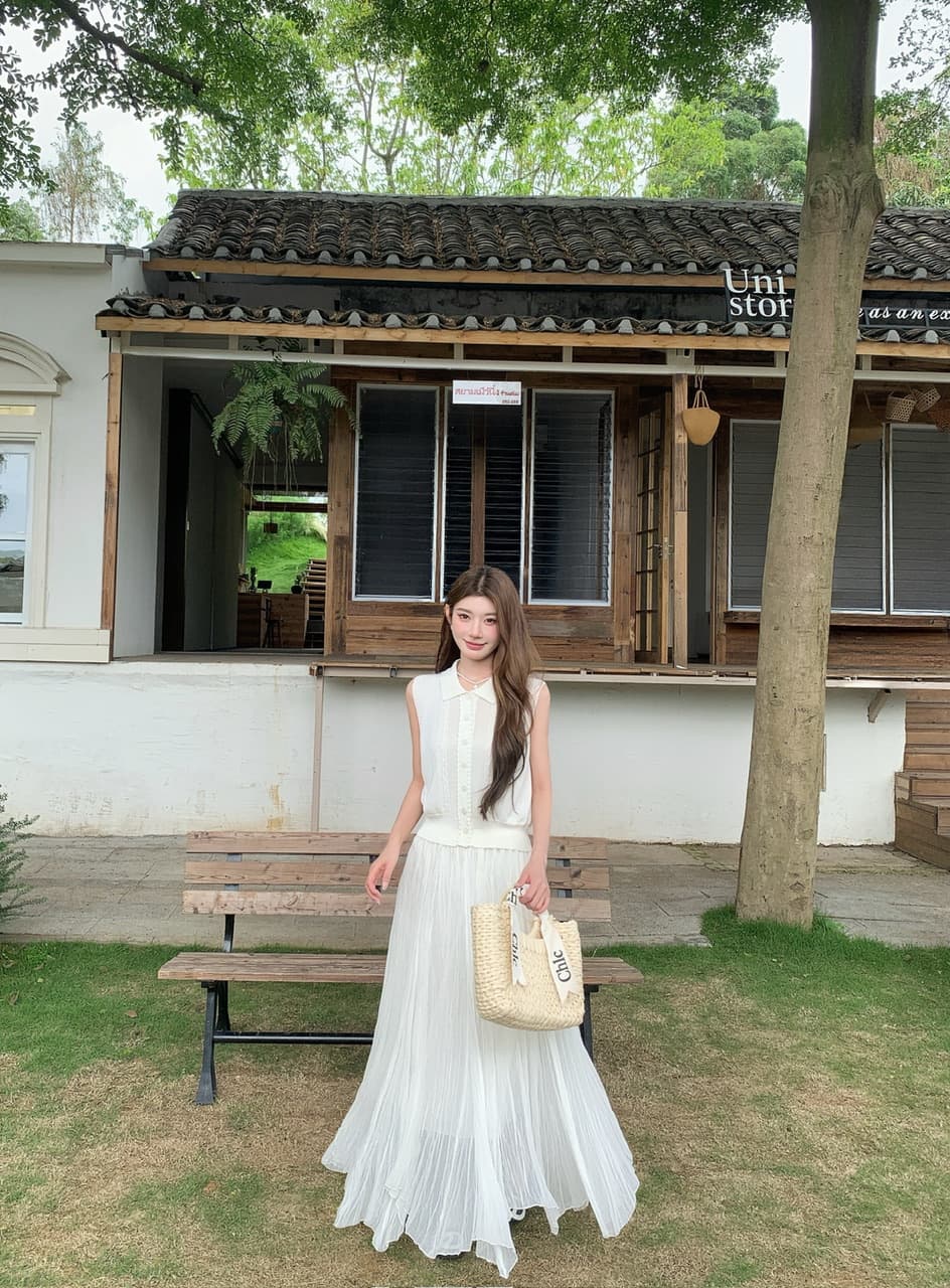 정가 실사 한 부서 순수한 욕망 바람 POLO 칼라 니트 조끼 요정 롱 스커트 세트 여성 품격 슬림해 보이는 세트 상세 이미지 1