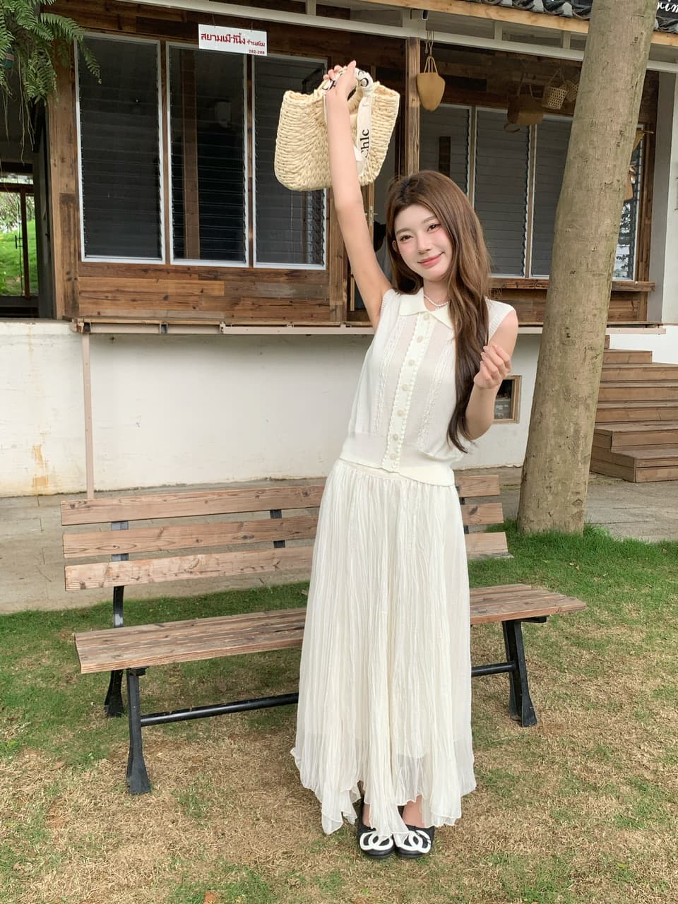 정가 실사 한 부서 순수한 욕망 바람 POLO 칼라 니트 조끼 요정 롱 스커트 세트 여성 품격 슬림해 보이는 세트 상세 이미지 12
