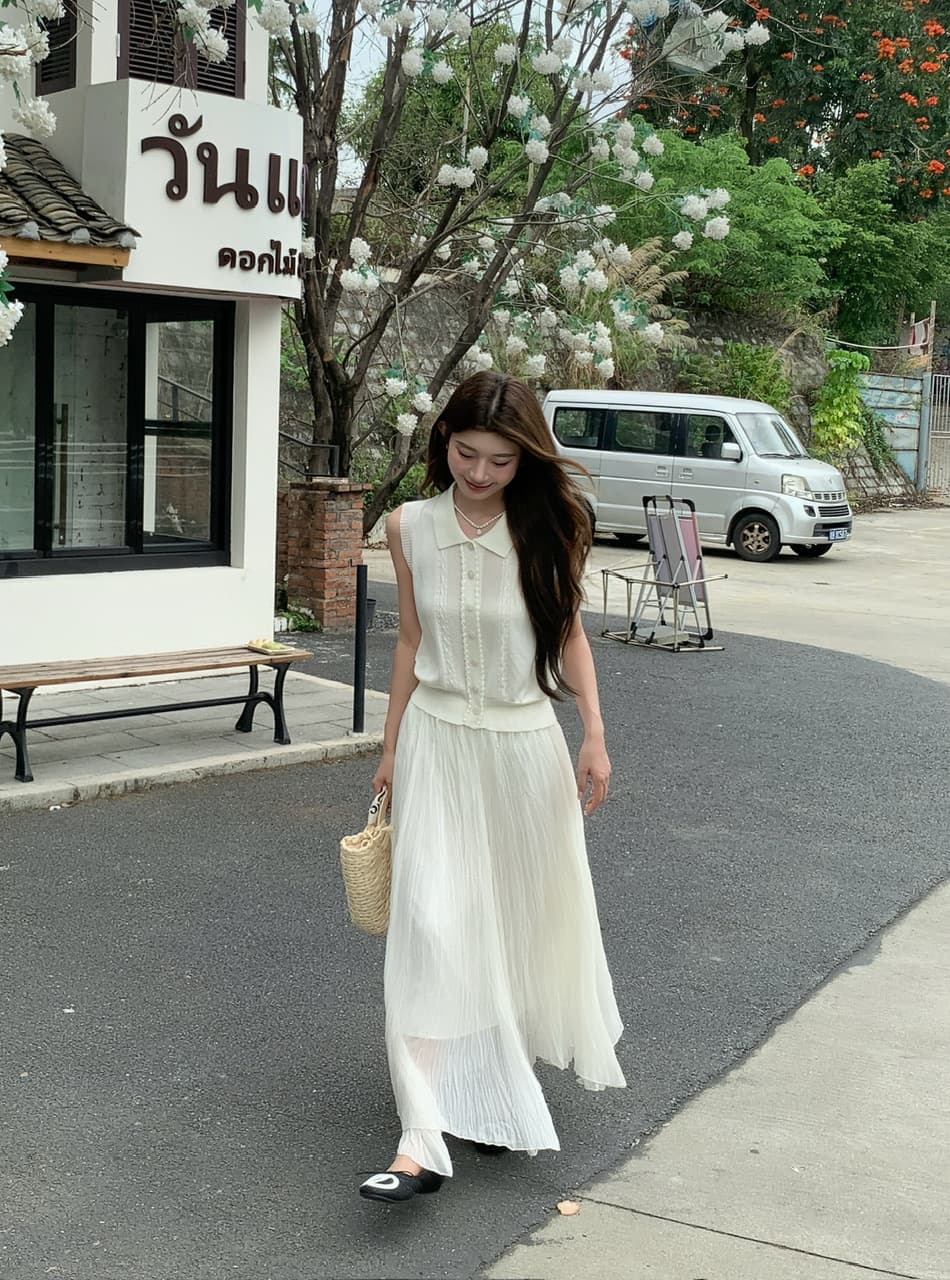 정가 실사 한 부서 순수한 욕망 바람 POLO 칼라 니트 조끼 요정 롱 스커트 세트 여성 품격 슬림해 보이는 세트 상세 이미지 19