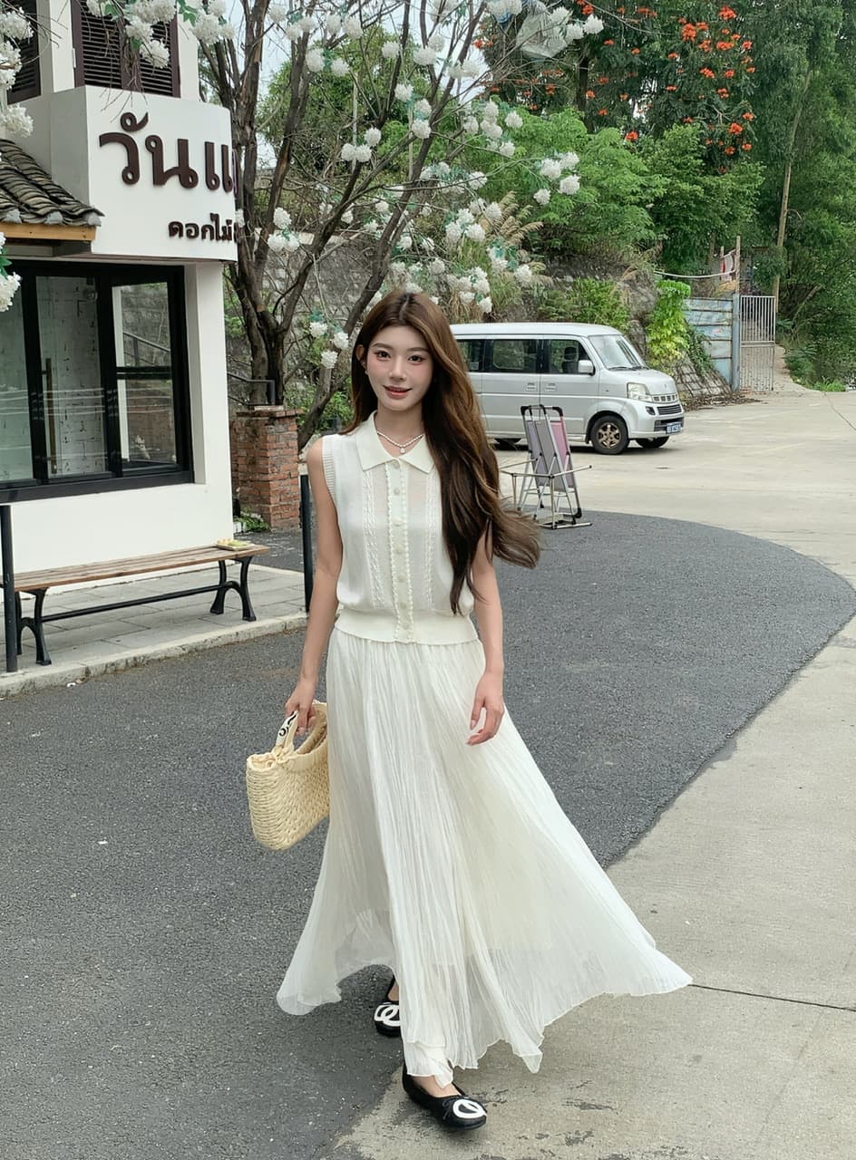 정가 실사 한 부서 순수한 욕망 바람 POLO 칼라 니트 조끼 요정 롱 스커트 세트 여성 품격 슬림해 보이는 세트 상세 이미지 21