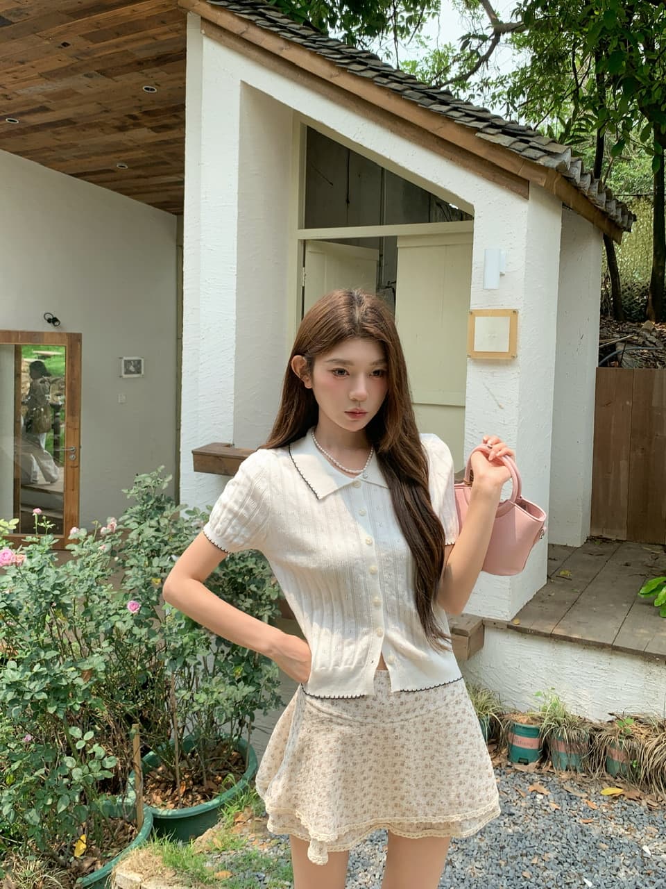 정가 실사 한 부서 부드러운 바람 베이비 칼라 니트 반팔 작은 키 꽃무늬 케이크 드레스 투피스 세트