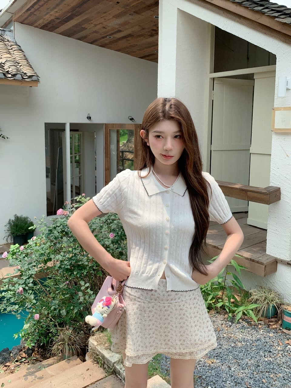 정가 실사 한 부서 부드러운 바람 베이비 칼라 니트 반팔 작은 키 꽃무늬 케이크 드레스 투피스 세트 이미지 4