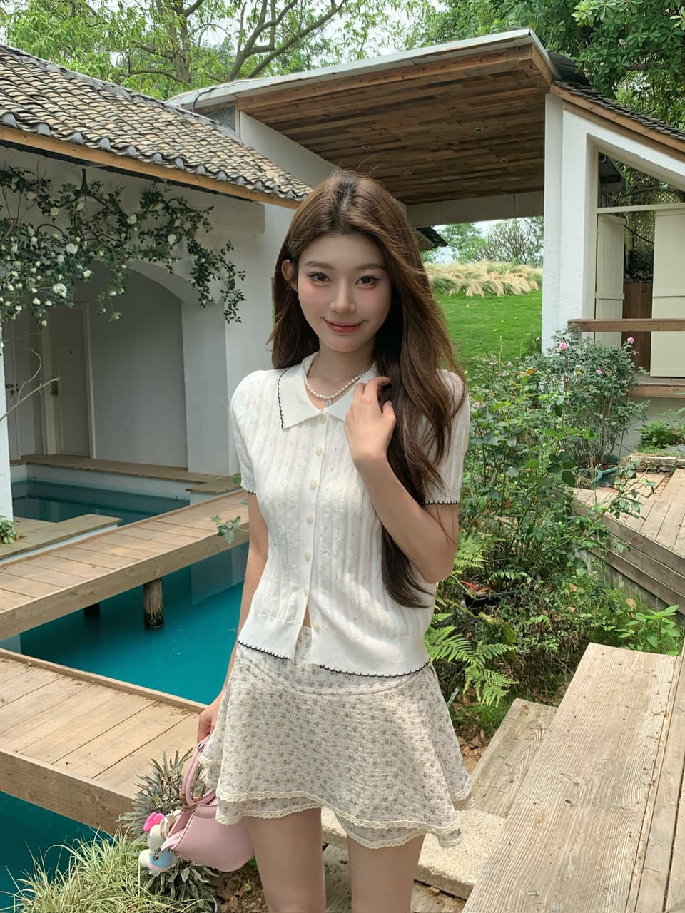 정가 실사 한 부서 부드러운 바람 베이비 칼라 니트 반팔 작은 키 꽃무늬 케이크 드레스 투피스 세트 상세 이미지 5
