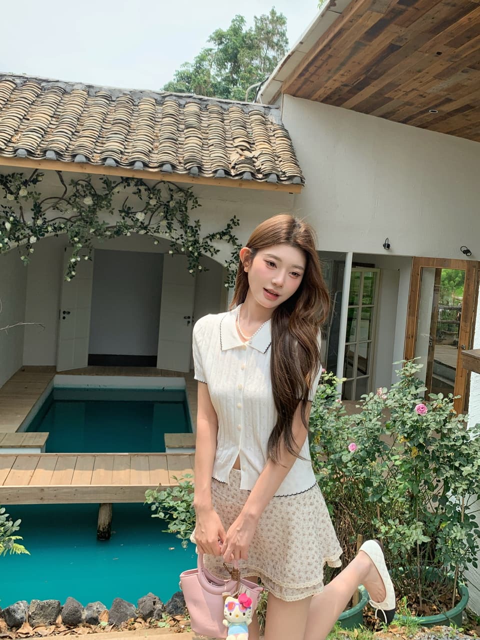 정가 실사 한 부서 부드러운 바람 베이비 칼라 니트 반팔 작은 키 꽃무늬 케이크 드레스 투피스 세트 상세 이미지 7