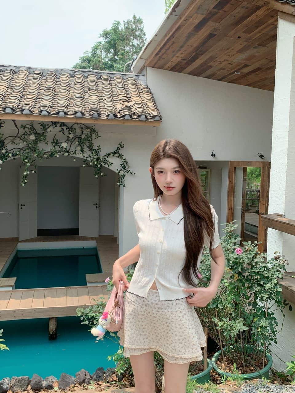 정가 실사 한 부서 부드러운 바람 베이비 칼라 니트 반팔 작은 키 꽃무늬 케이크 드레스 투피스 세트 상세 이미지 8