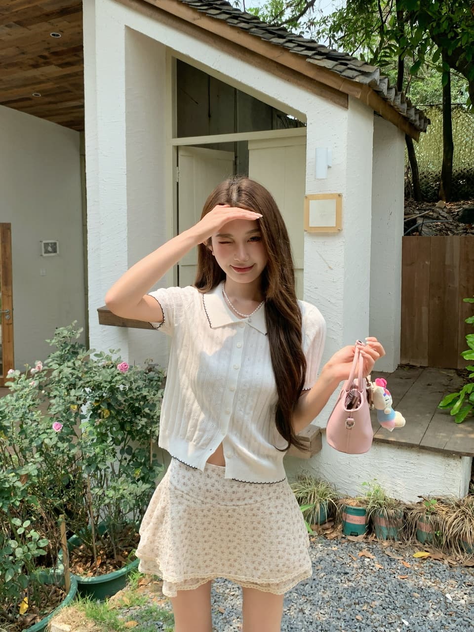 정가 실사 한 부서 부드러운 바람 베이비 칼라 니트 반팔 작은 키 꽃무늬 케이크 드레스 투피스 세트 상세 이미지 10