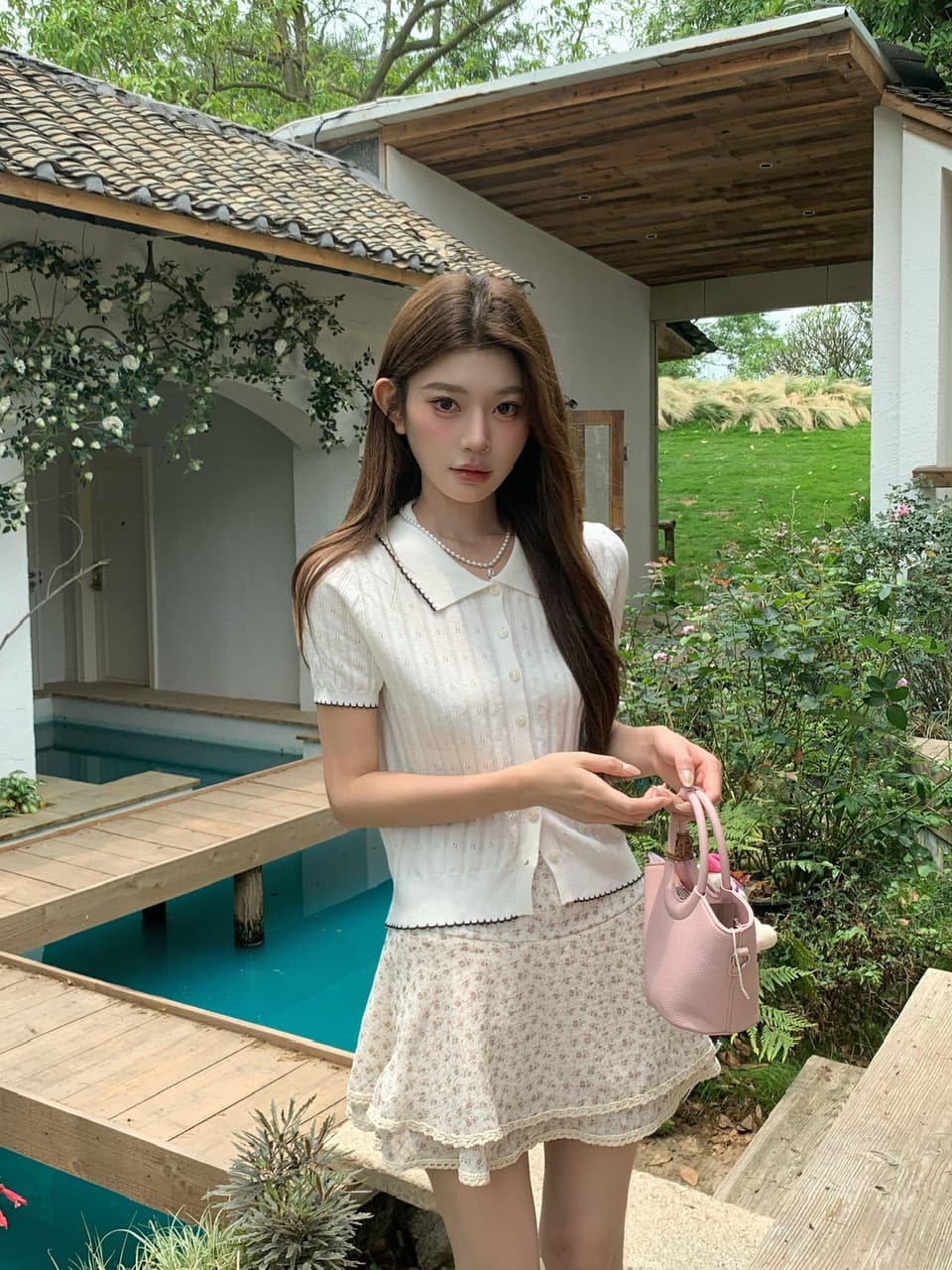 정가 실사 한 부서 부드러운 바람 베이비 칼라 니트 반팔 작은 키 꽃무늬 케이크 드레스 투피스 세트 상세 이미지 12