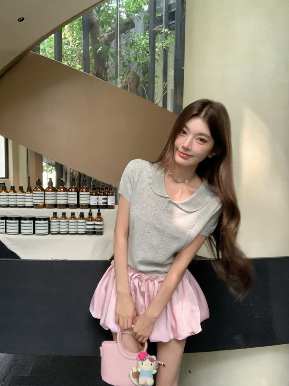 정가 실사 한 부서 부드러운 바람 베이비 칼라 니트 맨위 얕은 카드 색상 꽃밭 미니 스커트 세트 상세 이미지 23
