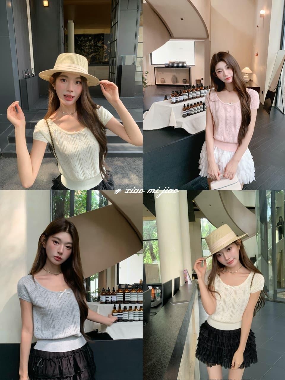 정가 실사 여름 달콤한 자매 u 칼라 나비 매듭 니트 반팔 여성 몸매 가꾸기 홀로우 아웃 자카드 작은 키 티셔츠 이미지 2