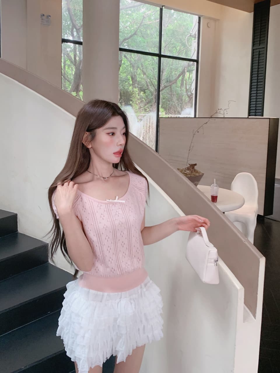 정가 실사 여름 달콤한 자매 u 칼라 나비 매듭 니트 반팔 여성 몸매 가꾸기 홀로우 아웃 자카드 작은 키 티셔츠 이미지 4