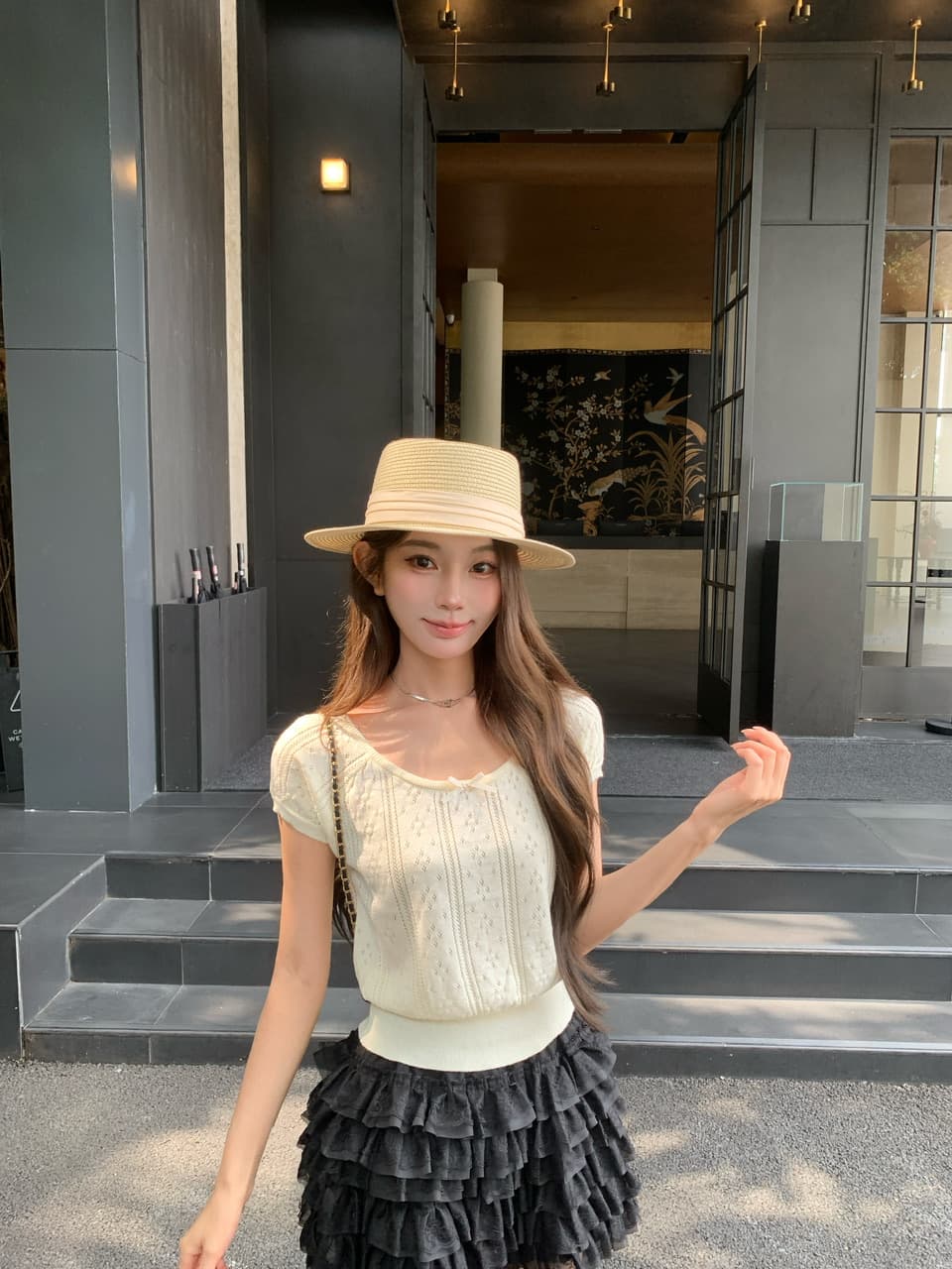 정가 실사 여름 달콤한 자매 u 칼라 나비 매듭 니트 반팔 여성 몸매 가꾸기 홀로우 아웃 자카드 작은 키 티셔츠 이미지 3