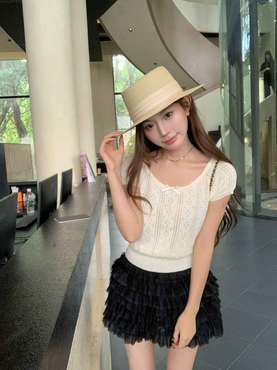 정가 실사 여름 달콤한 자매 u 칼라 나비 매듭 니트 반팔 여성 몸매 가꾸기 홀로우 아웃 자카드 작은 키 티셔츠 상세 이미지 2