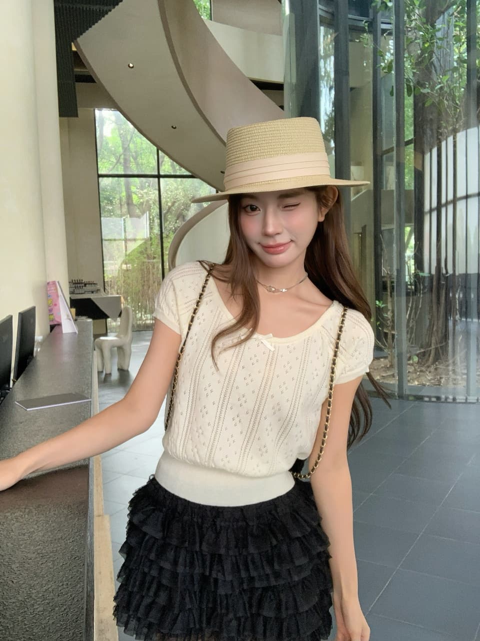 정가 실사 여름 달콤한 자매 u 칼라 나비 매듭 니트 반팔 여성 몸매 가꾸기 홀로우 아웃 자카드 작은 키 티셔츠 상세 이미지 4