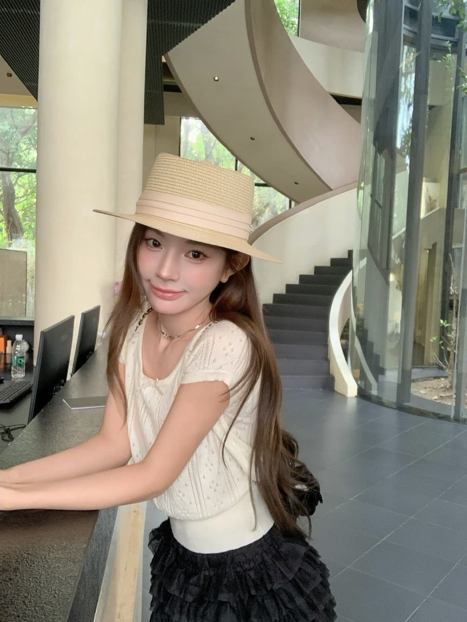 정가 실사 여름 달콤한 자매 u 칼라 나비 매듭 니트 반팔 여성 몸매 가꾸기 홀로우 아웃 자카드 작은 키 티셔츠 상세 이미지 5