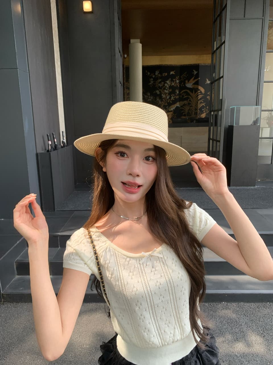 정가 실사 여름 달콤한 자매 u 칼라 나비 매듭 니트 반팔 여성 몸매 가꾸기 홀로우 아웃 자카드 작은 키 티셔츠 상세 이미지 7