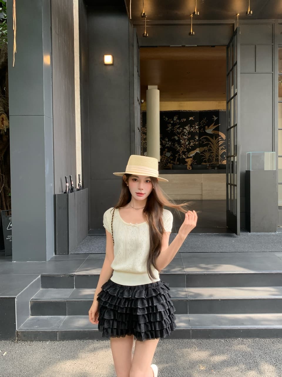 정가 실사 여름 달콤한 자매 u 칼라 나비 매듭 니트 반팔 여성 몸매 가꾸기 홀로우 아웃 자카드 작은 키 티셔츠 상세 이미지 9