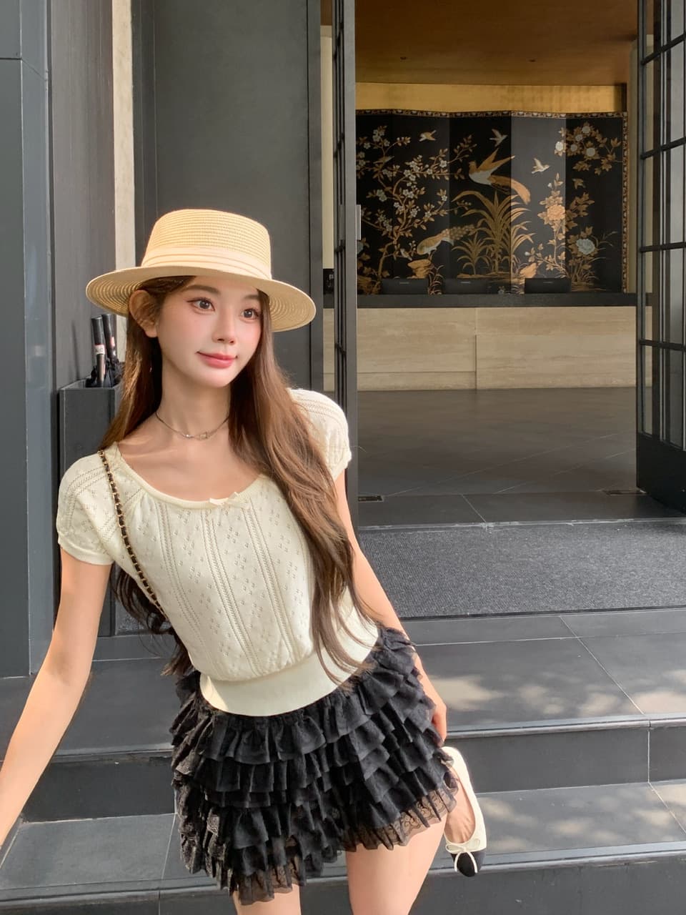 정가 실사 여름 달콤한 자매 u 칼라 나비 매듭 니트 반팔 여성 몸매 가꾸기 홀로우 아웃 자카드 작은 키 티셔츠 상세 이미지 10