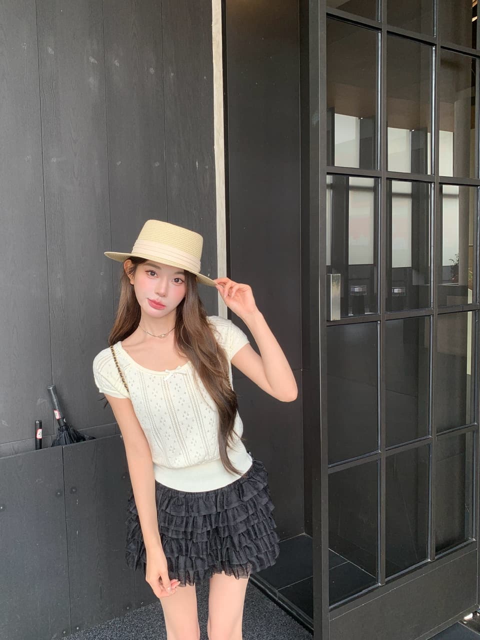 정가 실사 여름 달콤한 자매 u 칼라 나비 매듭 니트 반팔 여성 몸매 가꾸기 홀로우 아웃 자카드 작은 키 티셔츠 상세 이미지 11