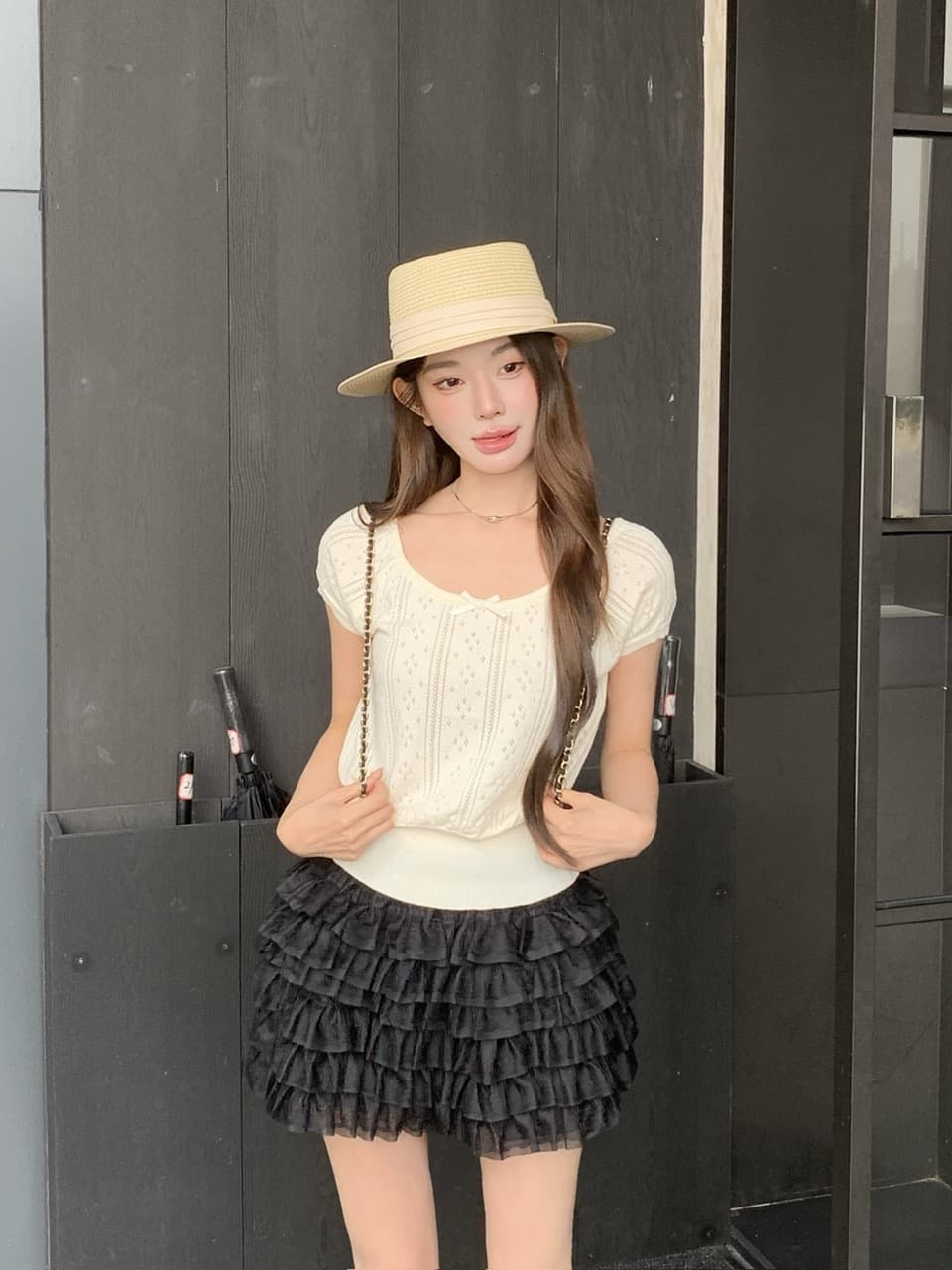 정가 실사 여름 달콤한 자매 u 칼라 나비 매듭 니트 반팔 여성 몸매 가꾸기 홀로우 아웃 자카드 작은 키 티셔츠 상세 이미지 12