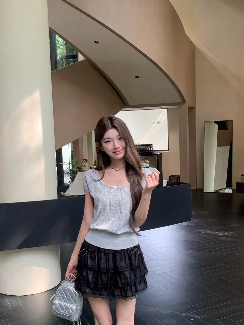 정가 실사 여름 달콤한 자매 u 칼라 나비 매듭 니트 반팔 여성 몸매 가꾸기 홀로우 아웃 자카드 작은 키 티셔츠 상세 이미지 16