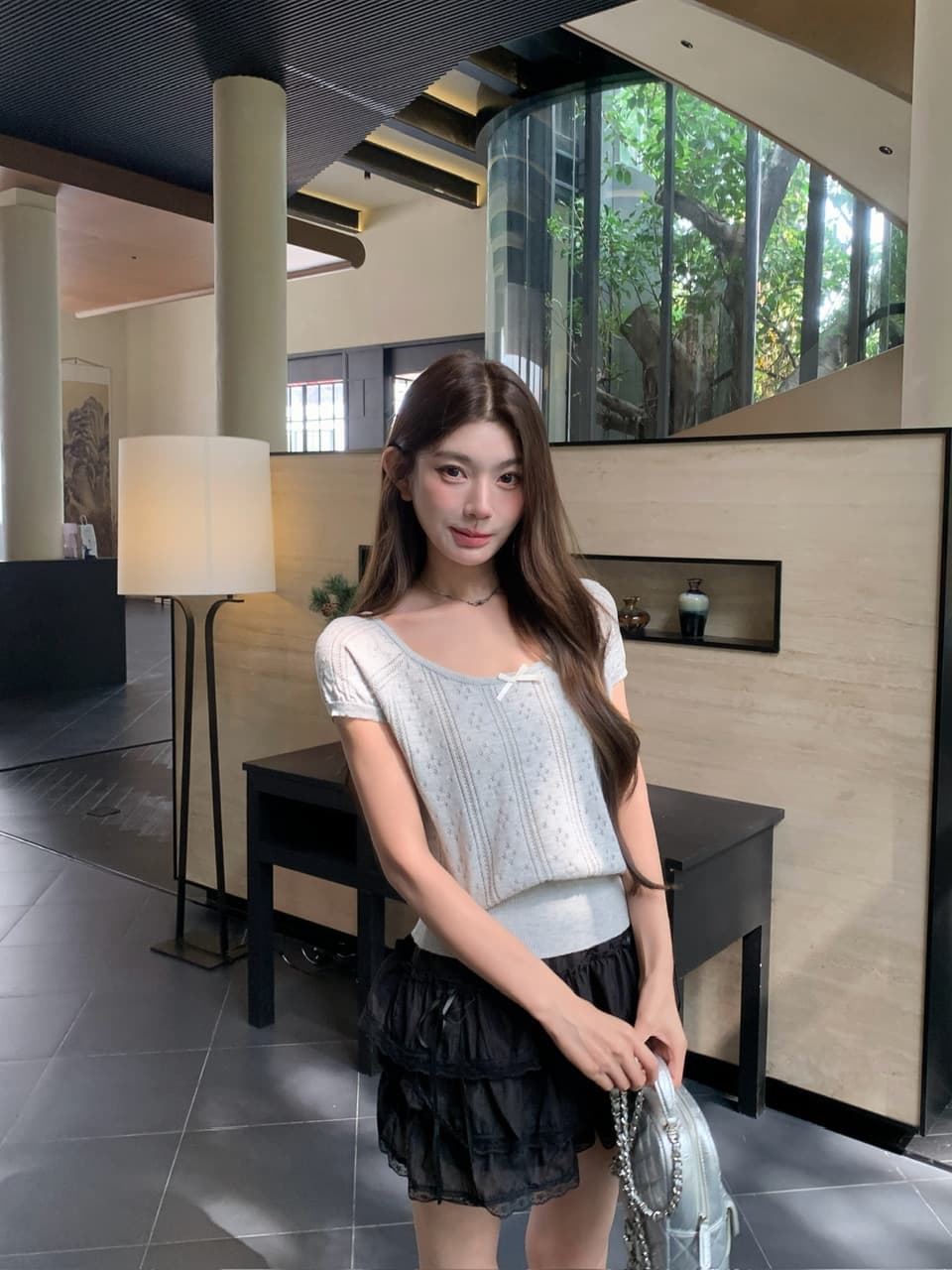 정가 실사 여름 달콤한 자매 u 칼라 나비 매듭 니트 반팔 여성 몸매 가꾸기 홀로우 아웃 자카드 작은 키 티셔츠 상세 이미지 20