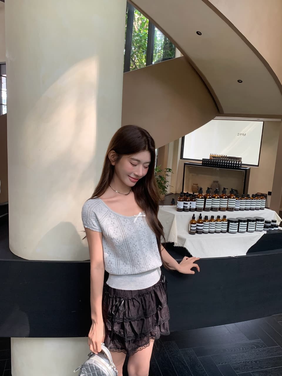 정가 실사 여름 달콤한 자매 u 칼라 나비 매듭 니트 반팔 여성 몸매 가꾸기 홀로우 아웃 자카드 작은 키 티셔츠 상세 이미지 24