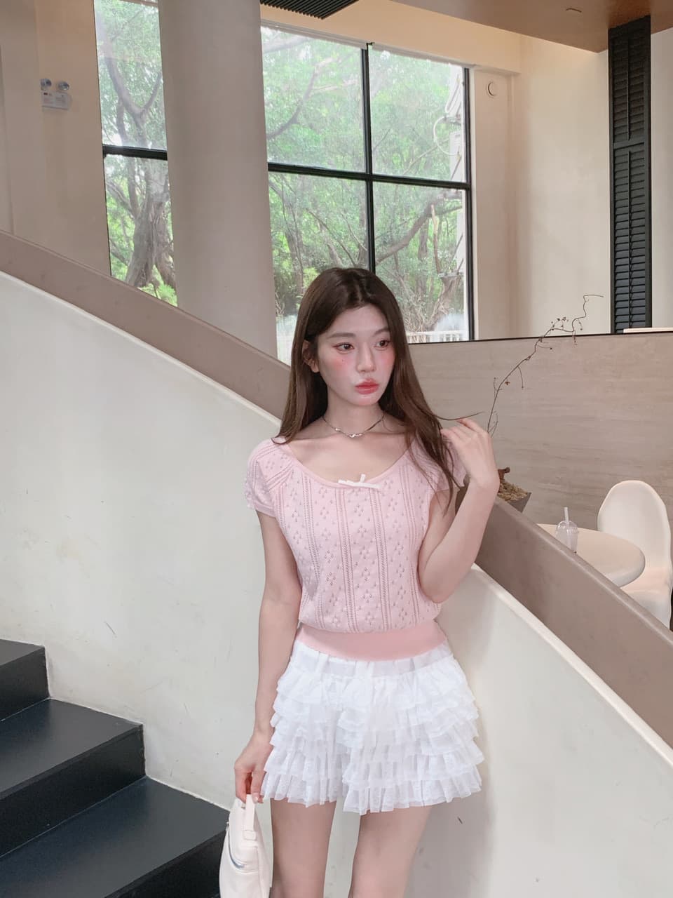 정가 실사 여름 달콤한 자매 u 칼라 나비 매듭 니트 반팔 여성 몸매 가꾸기 홀로우 아웃 자카드 작은 키 티셔츠 상세 이미지 25