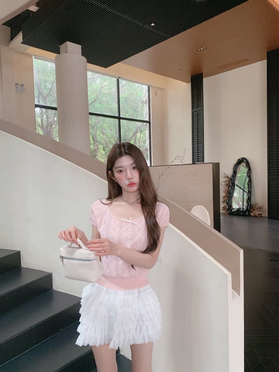 정가 실사 여름 달콤한 자매 u 칼라 나비 매듭 니트 반팔 여성 몸매 가꾸기 홀로우 아웃 자카드 작은 키 티셔츠 상세 이미지 27