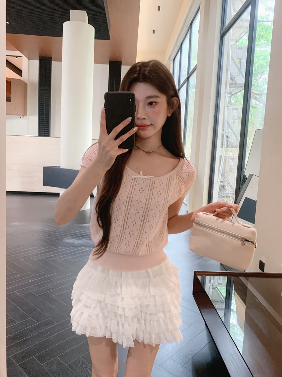 정가 실사 여름 달콤한 자매 u 칼라 나비 매듭 니트 반팔 여성 몸매 가꾸기 홀로우 아웃 자카드 작은 키 티셔츠 상세 이미지 29