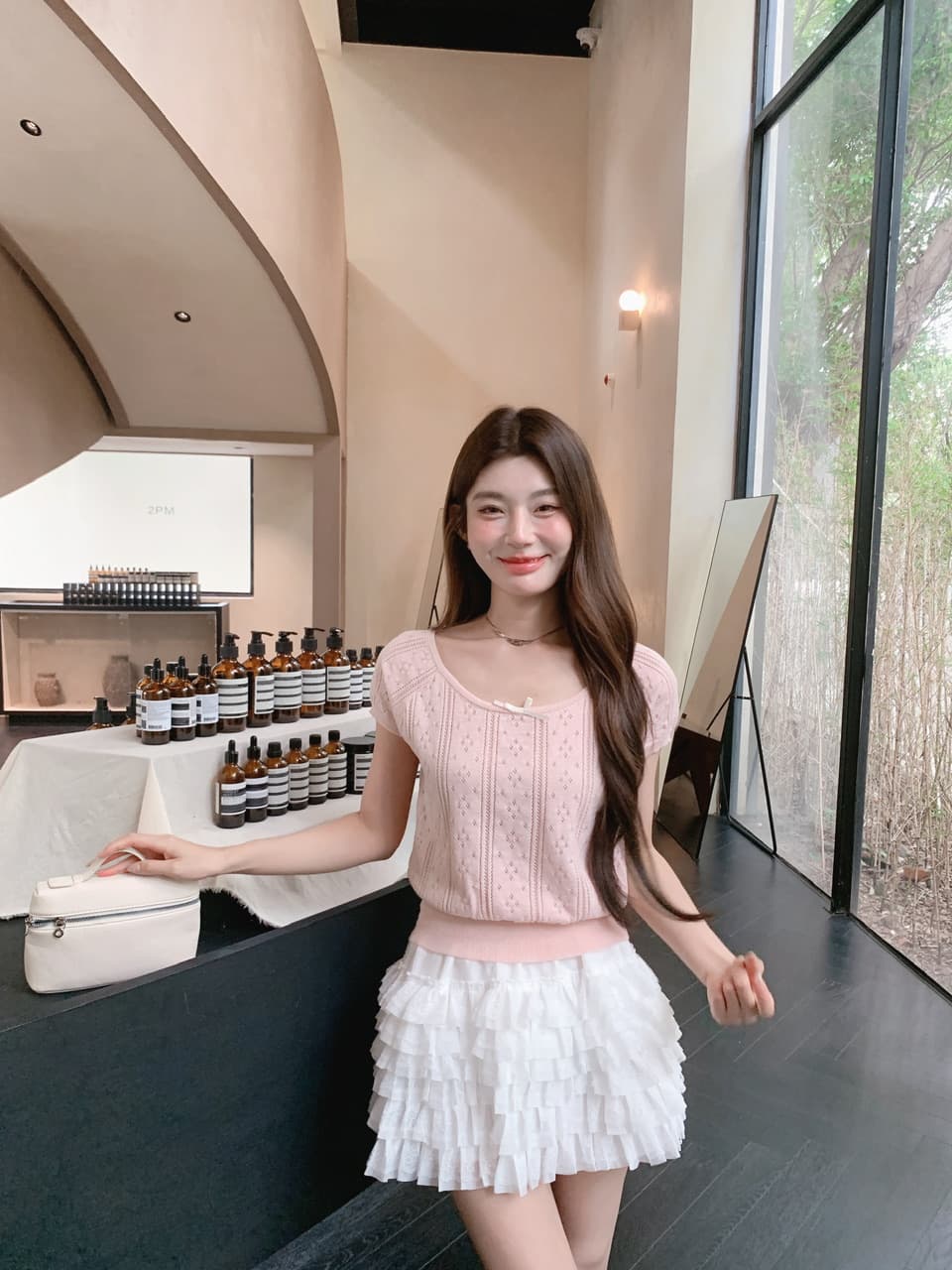 정가 실사 여름 달콤한 자매 u 칼라 나비 매듭 니트 반팔 여성 몸매 가꾸기 홀로우 아웃 자카드 작은 키 티셔츠 상세 이미지 31