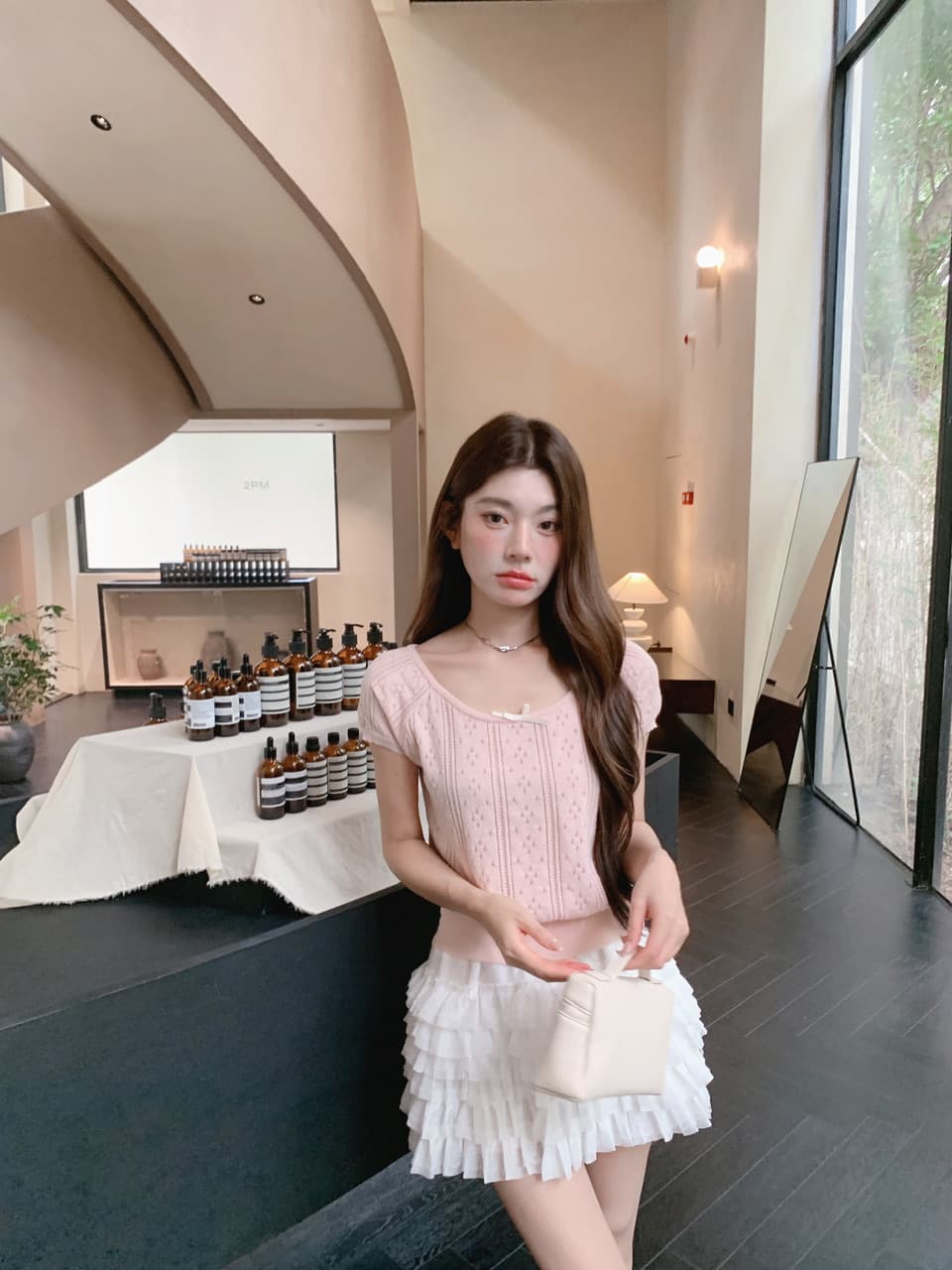 정가 실사 여름 달콤한 자매 u 칼라 나비 매듭 니트 반팔 여성 몸매 가꾸기 홀로우 아웃 자카드 작은 키 티셔츠 상세 이미지 32