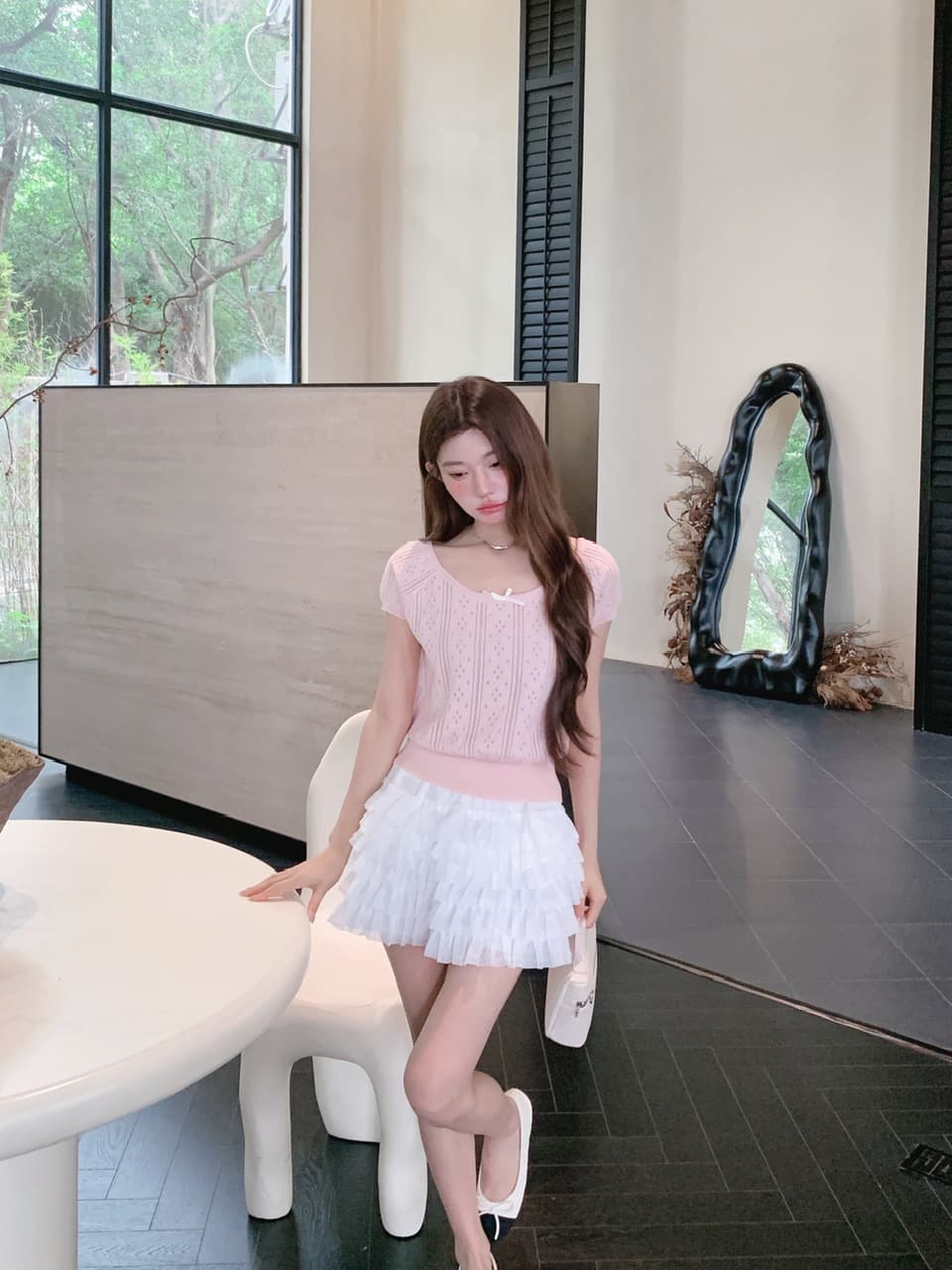 정가 실사 여름 달콤한 자매 u 칼라 나비 매듭 니트 반팔 여성 몸매 가꾸기 홀로우 아웃 자카드 작은 키 티셔츠 상세 이미지 34