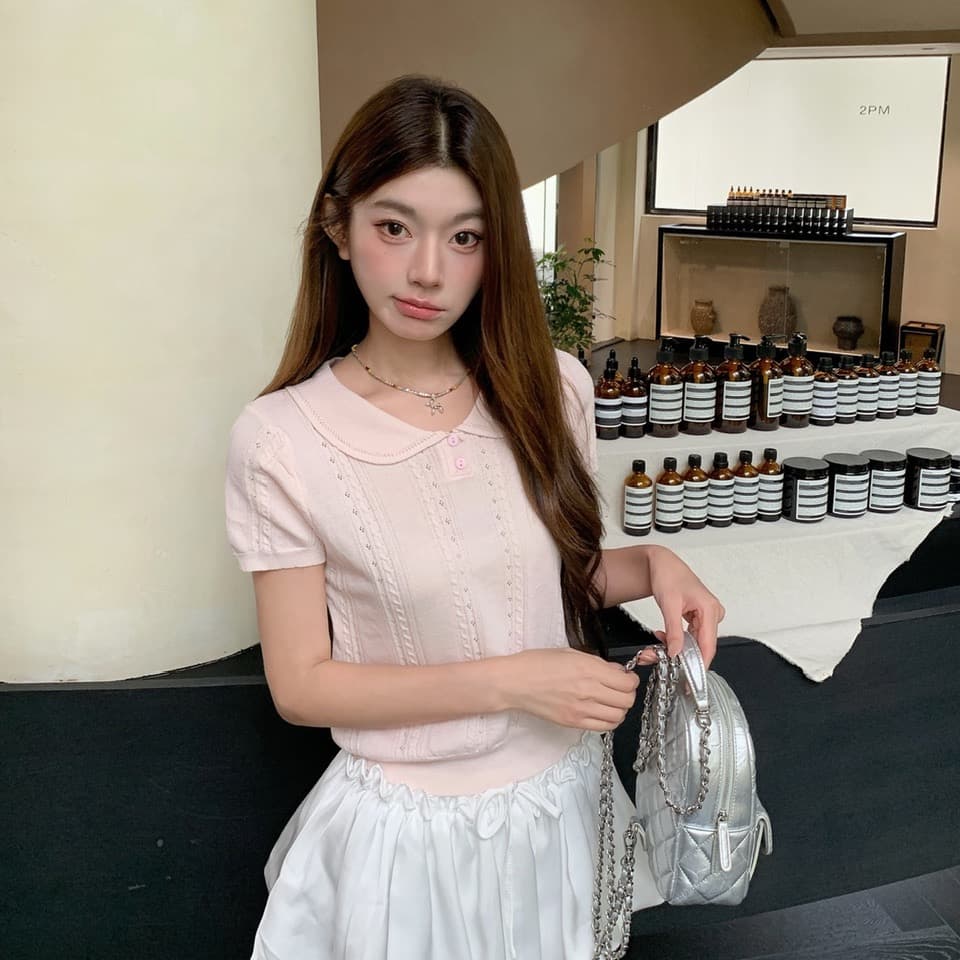정가 실사 새로운 부드러운 한 부서 소녀 바람 기타 색상 베이비 칼라 반팔 니트 맨위 이미지 5
