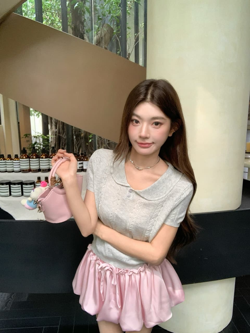 정가 실사 새로운 부드러운 한 부서 소녀 바람 기타 색상 베이비 칼라 반팔 니트 맨위 상세 이미지 8
