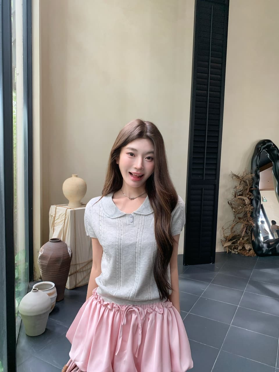 정가 실사 새로운 부드러운 한 부서 소녀 바람 기타 색상 베이비 칼라 반팔 니트 맨위 상세 이미지 15