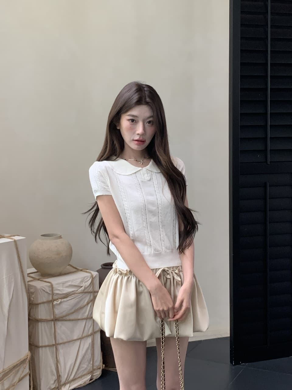 정가 실사 새로운 부드러운 한 부서 소녀 바람 기타 색상 베이비 칼라 반팔 니트 맨위 상세 이미지 17