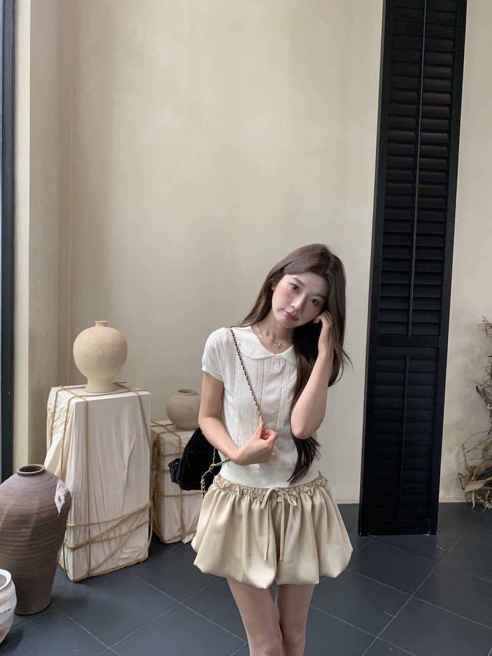 정가 실사 새로운 부드러운 한 부서 소녀 바람 기타 색상 베이비 칼라 반팔 니트 맨위 상세 이미지 19