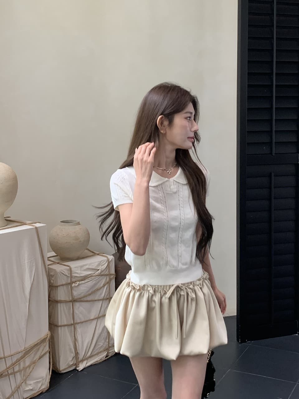 정가 실사 새로운 부드러운 한 부서 소녀 바람 기타 색상 베이비 칼라 반팔 니트 맨위 상세 이미지 20