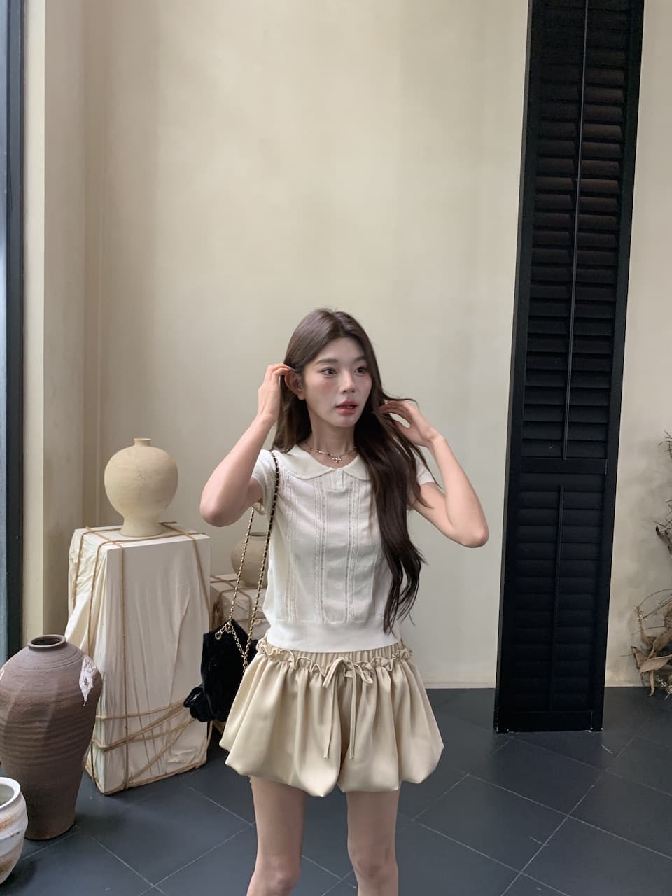 정가 실사 새로운 부드러운 한 부서 소녀 바람 기타 색상 베이비 칼라 반팔 니트 맨위 상세 이미지 21