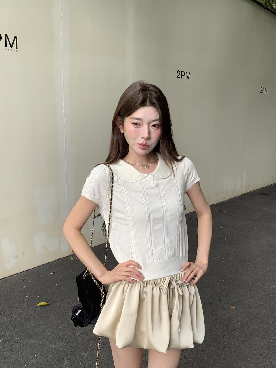 정가 실사 새로운 부드러운 한 부서 소녀 바람 기타 색상 베이비 칼라 반팔 니트 맨위 상세 이미지 27